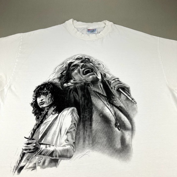 Vintage Led Zeppelin T-Shirt Size Large White Rock Band Portrait Drawing Art 90s - Picture 2 of 11